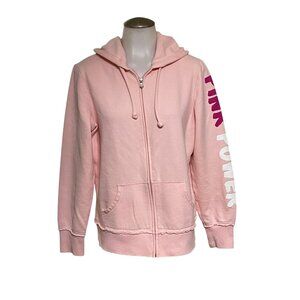 Pink Hoodie With "Pink Power" Sleeve Print Full-Zip Front Size L  Soft Cotton Bl